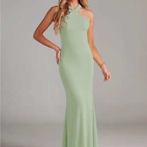 Azazie “Doretta” Sage Green Chiffon Bridesmaid Dress.